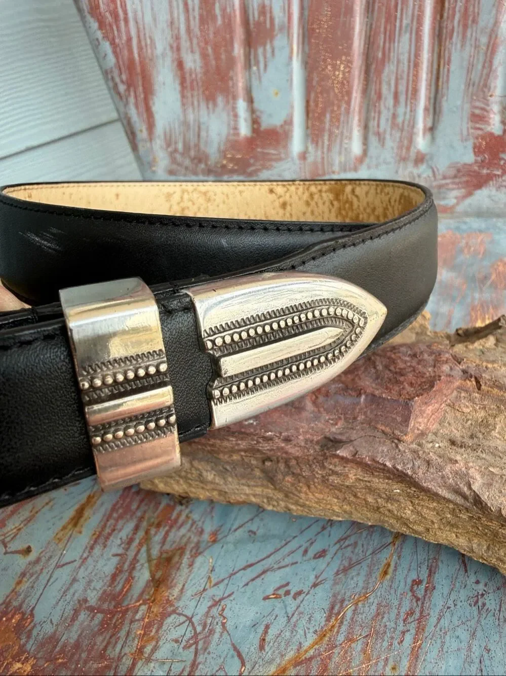 Silpada Black Leather Western Ranger Belt Silver Buckle Size 38